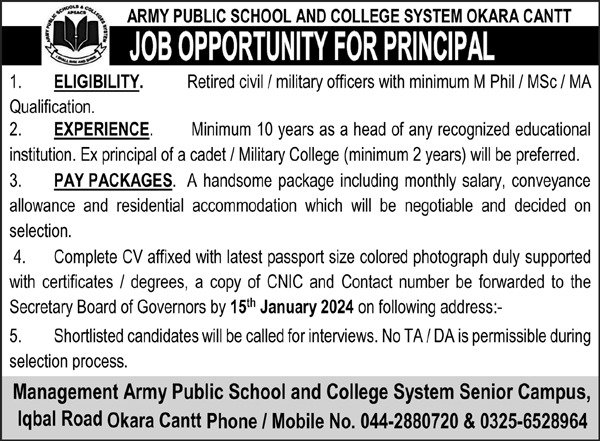 Army Public School Okara Cantt Jobs 2024 – Army Public School & College Paksitan Jobs 2023 — original advertisement