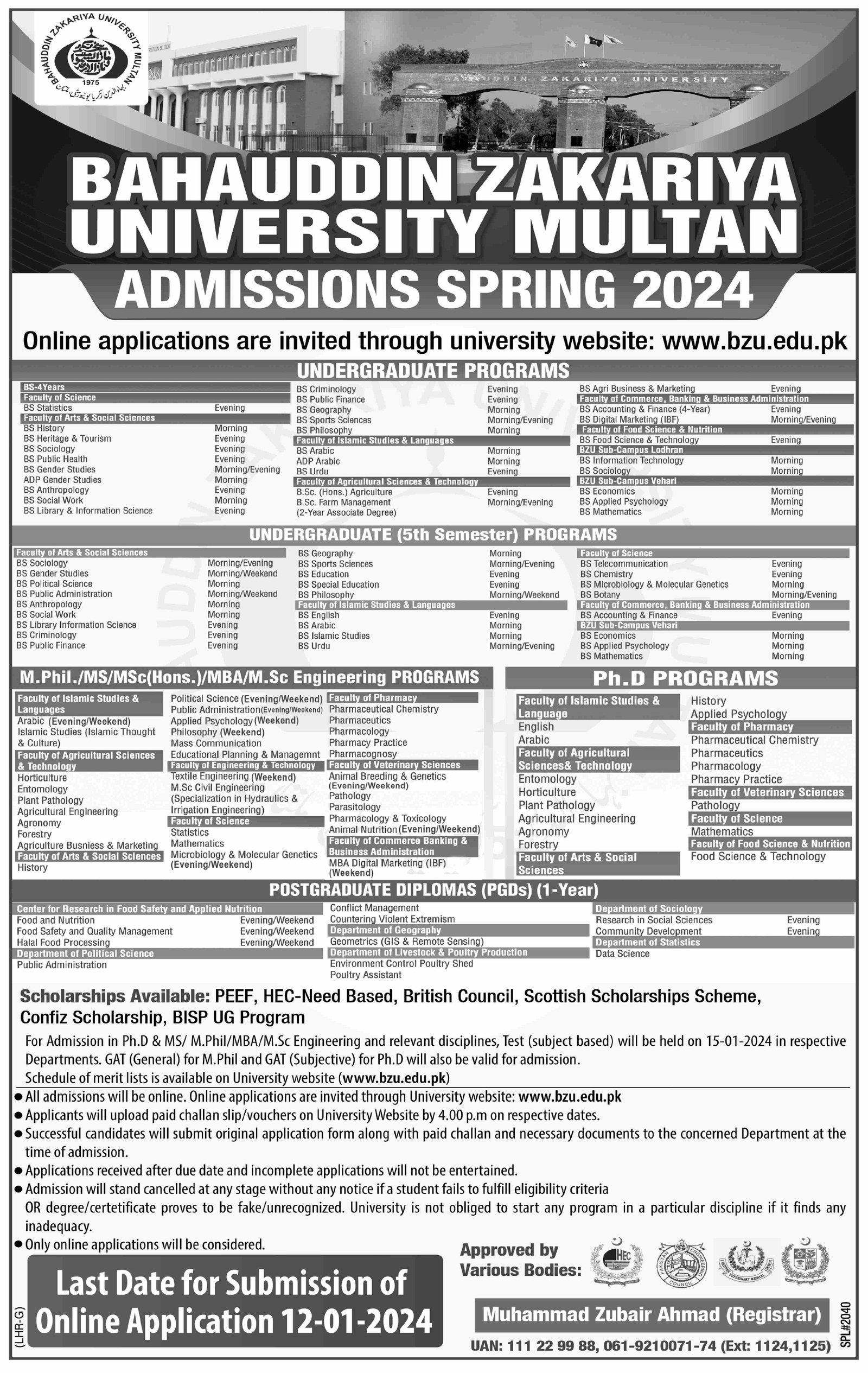 Admission Open in Bahauddin Zakariya University, Multan – Bahauddin Zakariya University Multan Admissions 2023 — original advertisement