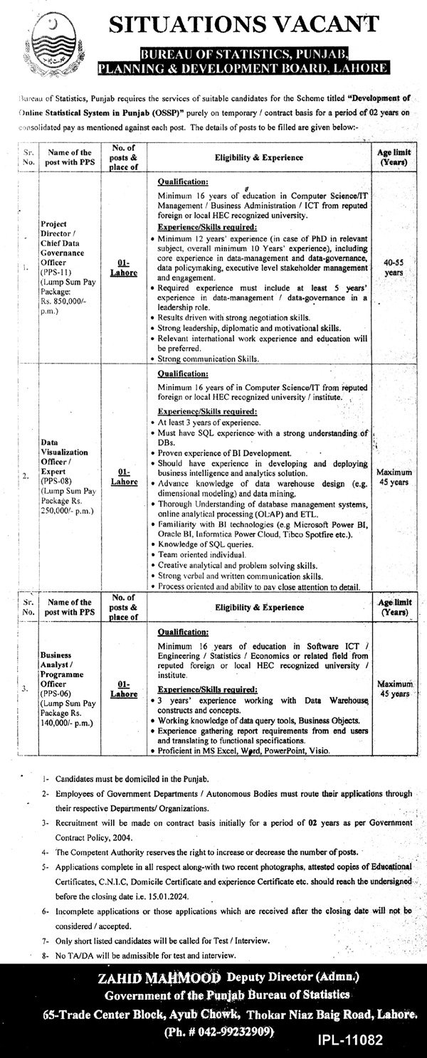 Buareu of Stactics Punjab Jobs 2024 – Bureau of Statistics (BOS), Punjab Jobs 2023 — original advertisement