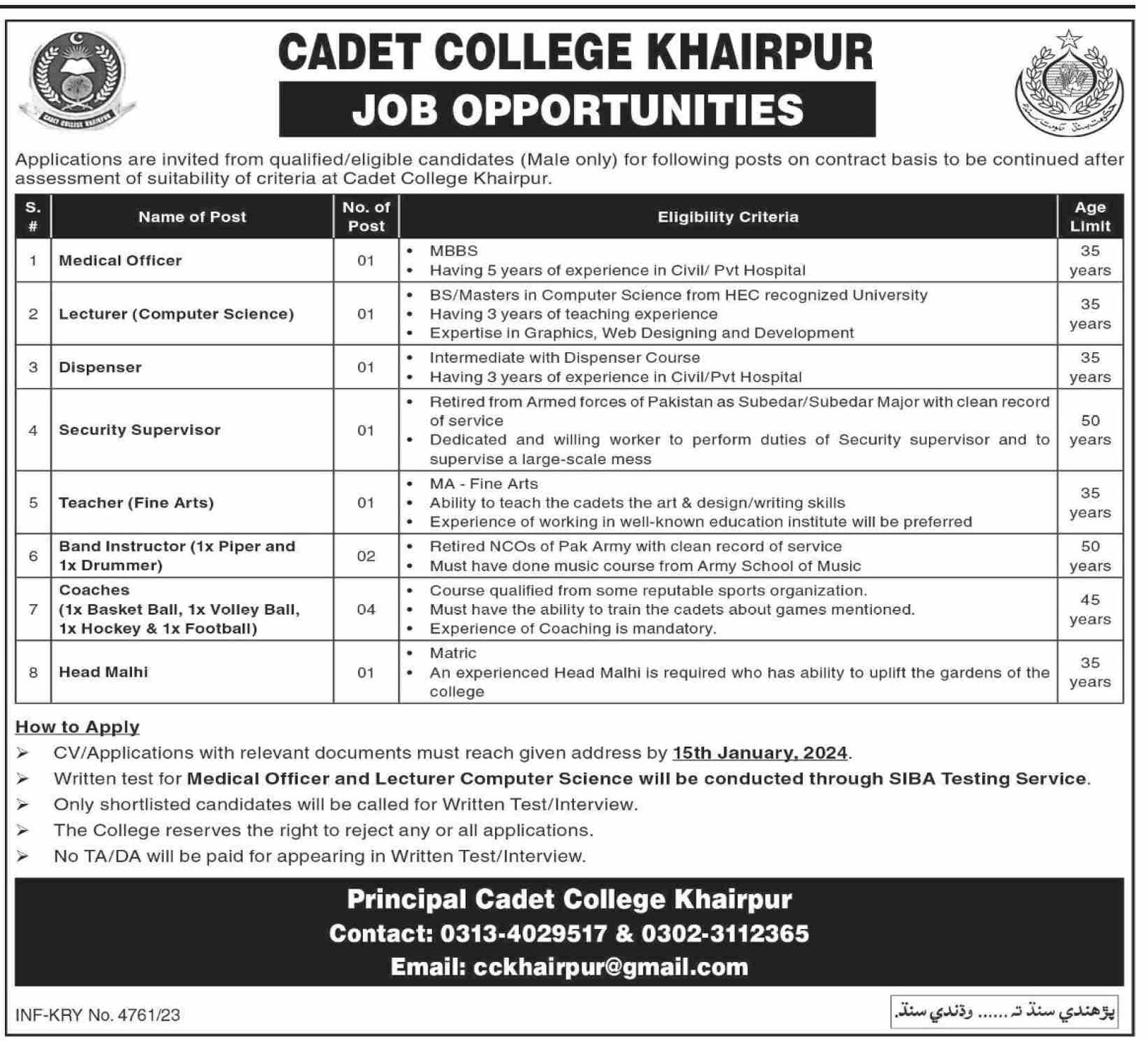 Cadet College Khairpur Punjab Jobs 2024 Jobs 2023 — original advertisement