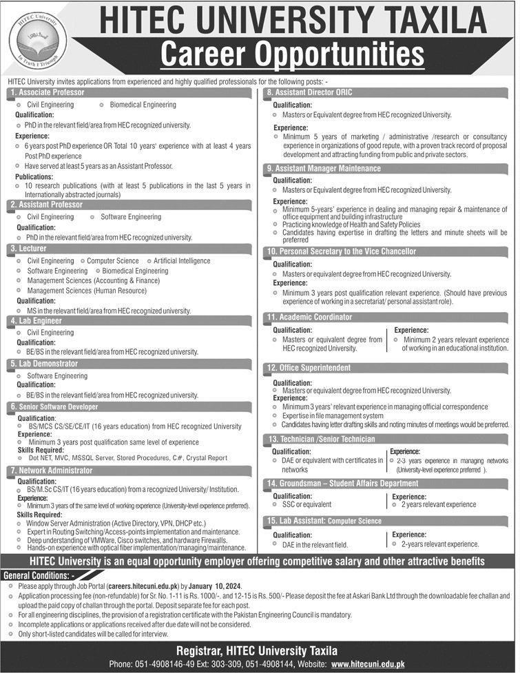 HITEC University Taxila Punjab Jobs 2024 Jobs 2023 — original advertisement