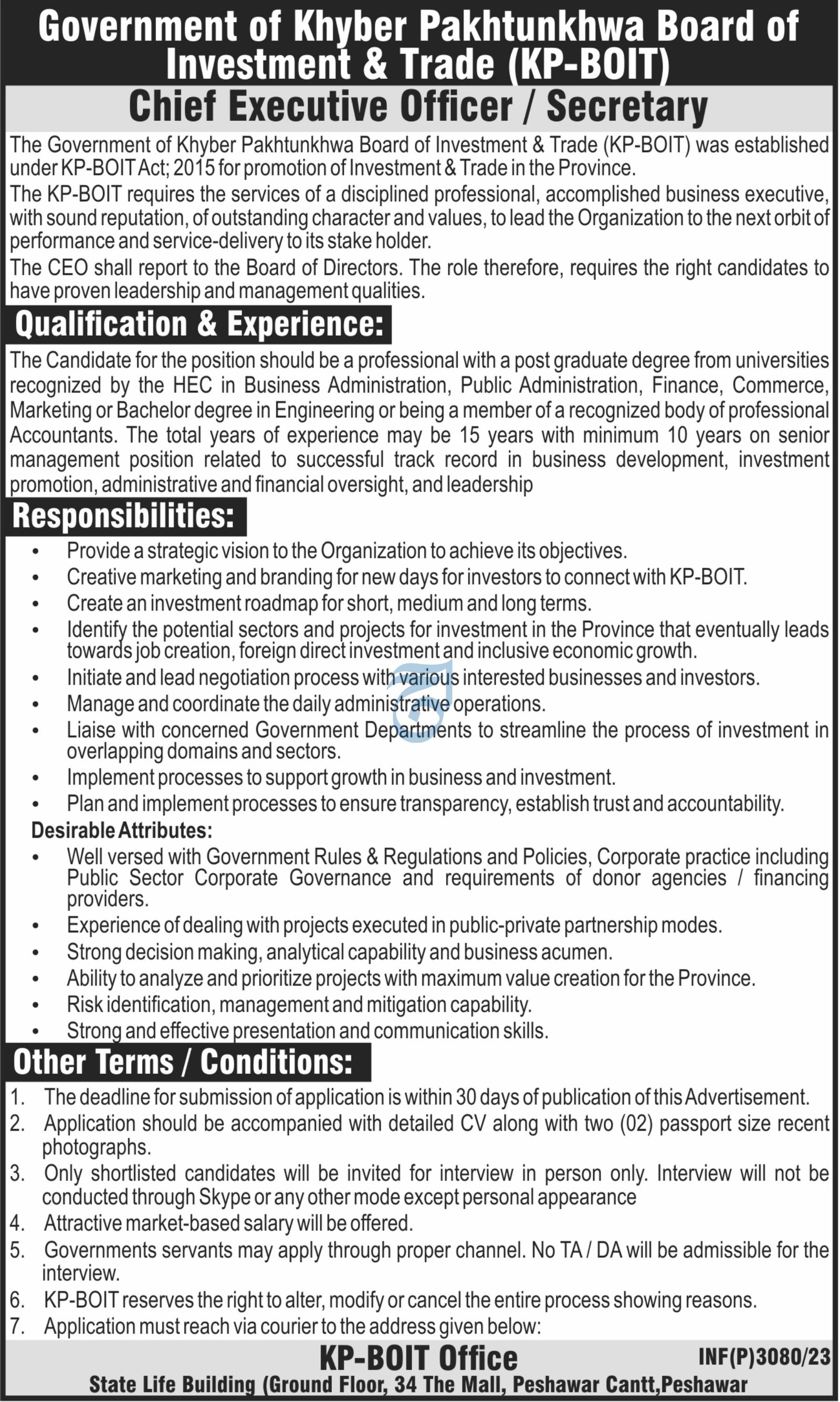 Khyber Pakhtunkhwa Board of Investment And Trade Jobs 2024 – Board of Investment Pakistan Jobs 2023 — original advertisement