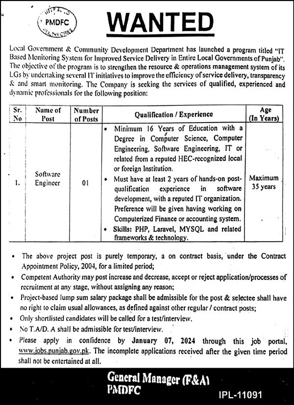Local Government and Community Development Department Jobs – Local Government Department Punjab Jobs 2023 — original advertisement