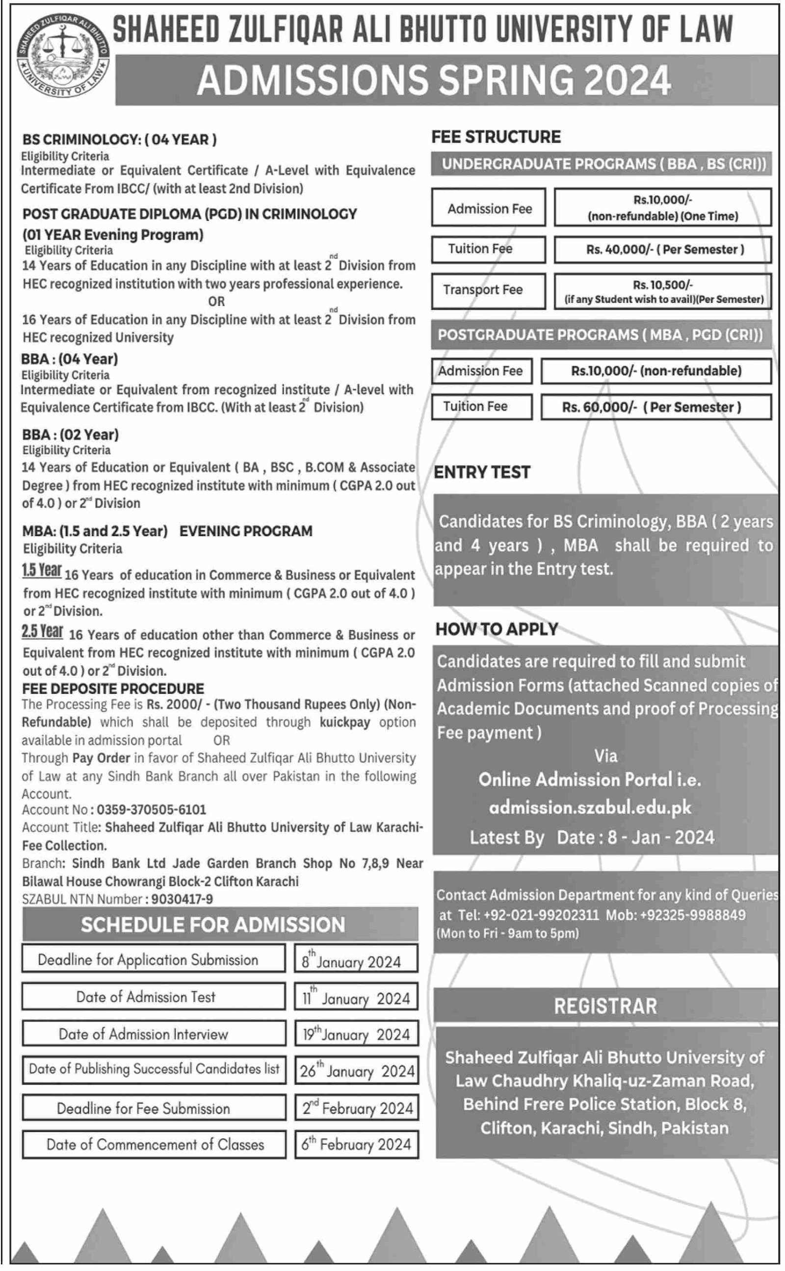 Admission open Shaheed Zulfiqar Ali Bhutto University of Law – Shaheed Zulfiqar Ali Bhutto University of Law Karachi Admissions 2023 — original advertisement