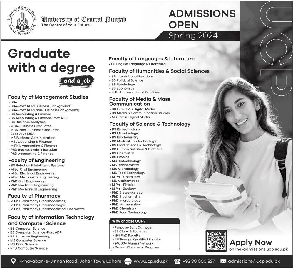Admissions Open in University of Central Punjab Admissions 2023 — original advertisement