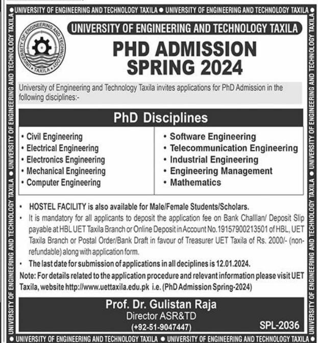 Admissions OpenUniversity of Engineering And Technolgy Taxil – University of Engineering and Technology Taxila Admissions 2023 — original advertisement