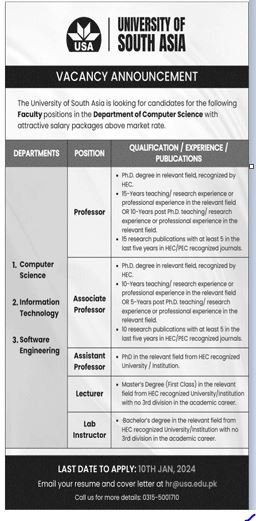 The University of South Asia Jobs 2024 Jobs 2023 — original advertisement
