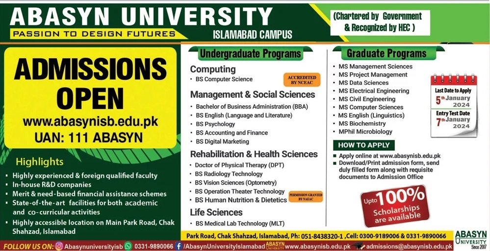 Admissions Open in Abasyn Univeristy Islamabad Campus – Abasyn University Peshawar Admissions 2023 — original advertisement