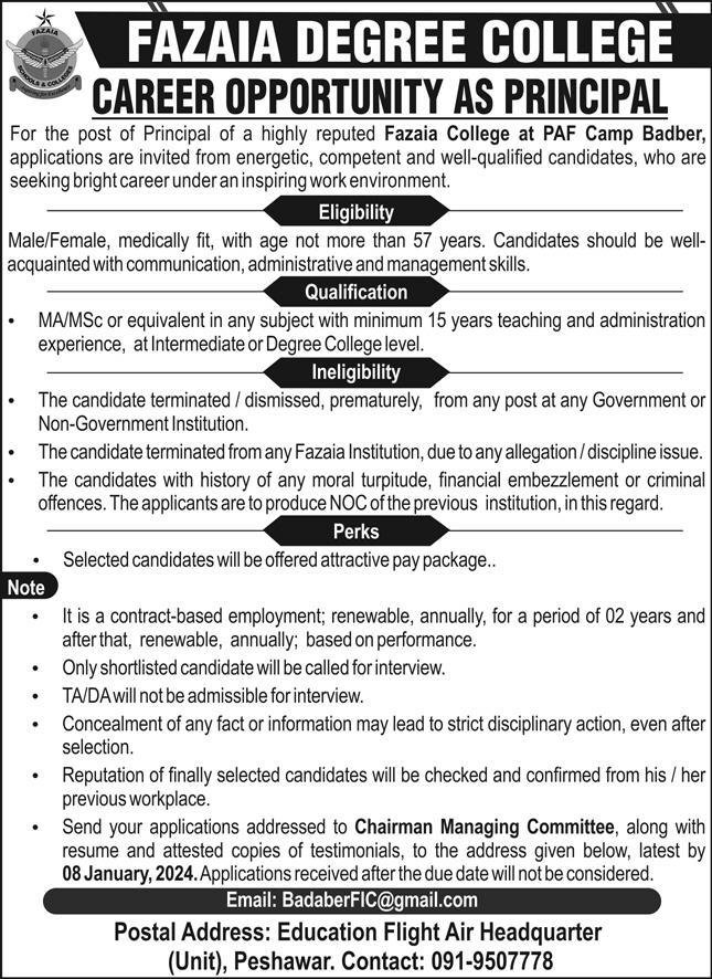 Fazaia Degree College Peshawar Jobs 2024 – Fazaia Schools & Colleges Jobs 2023 — original advertisement