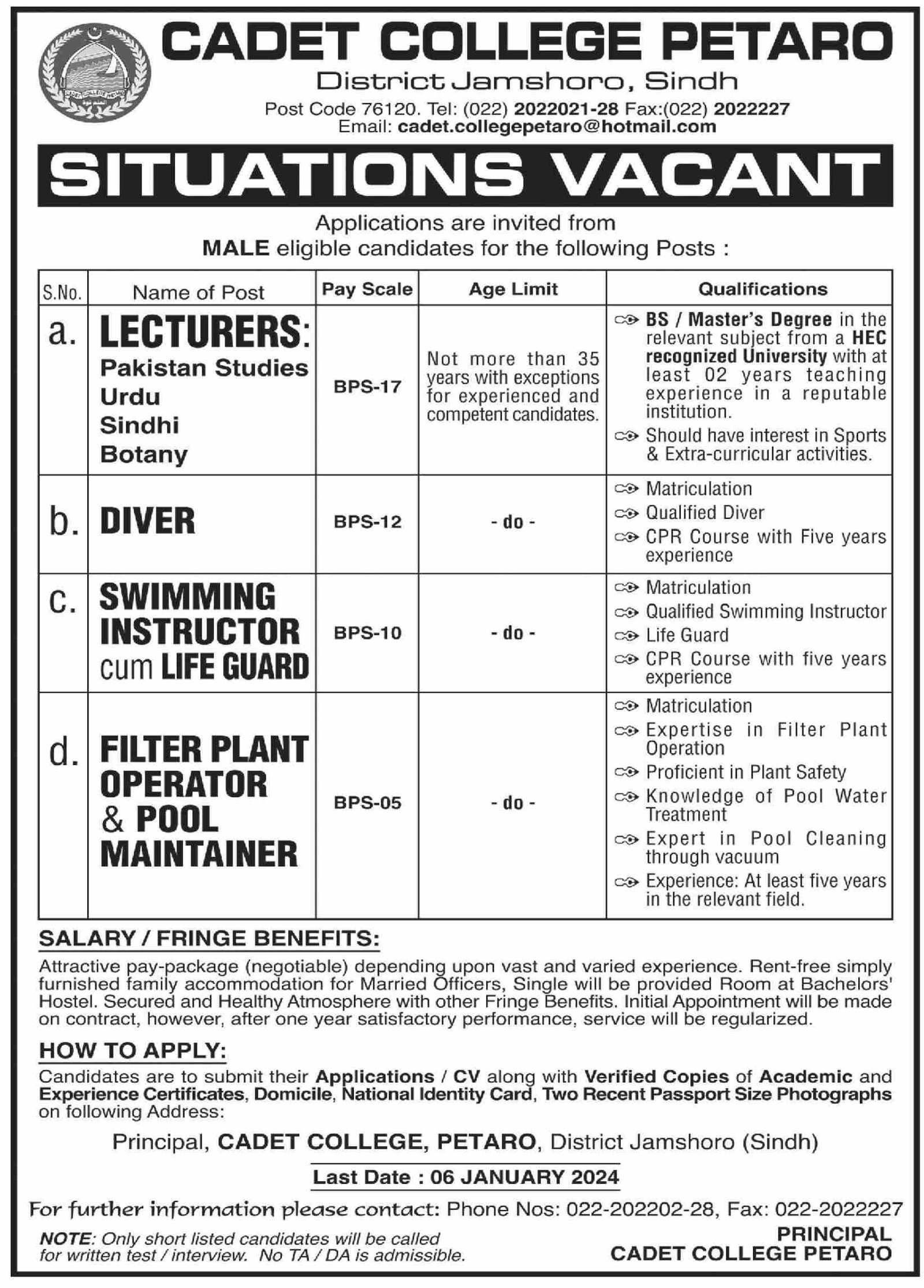 Cadet College Petaro CCP Jobs 2024 Jobs 2023 — original advertisement