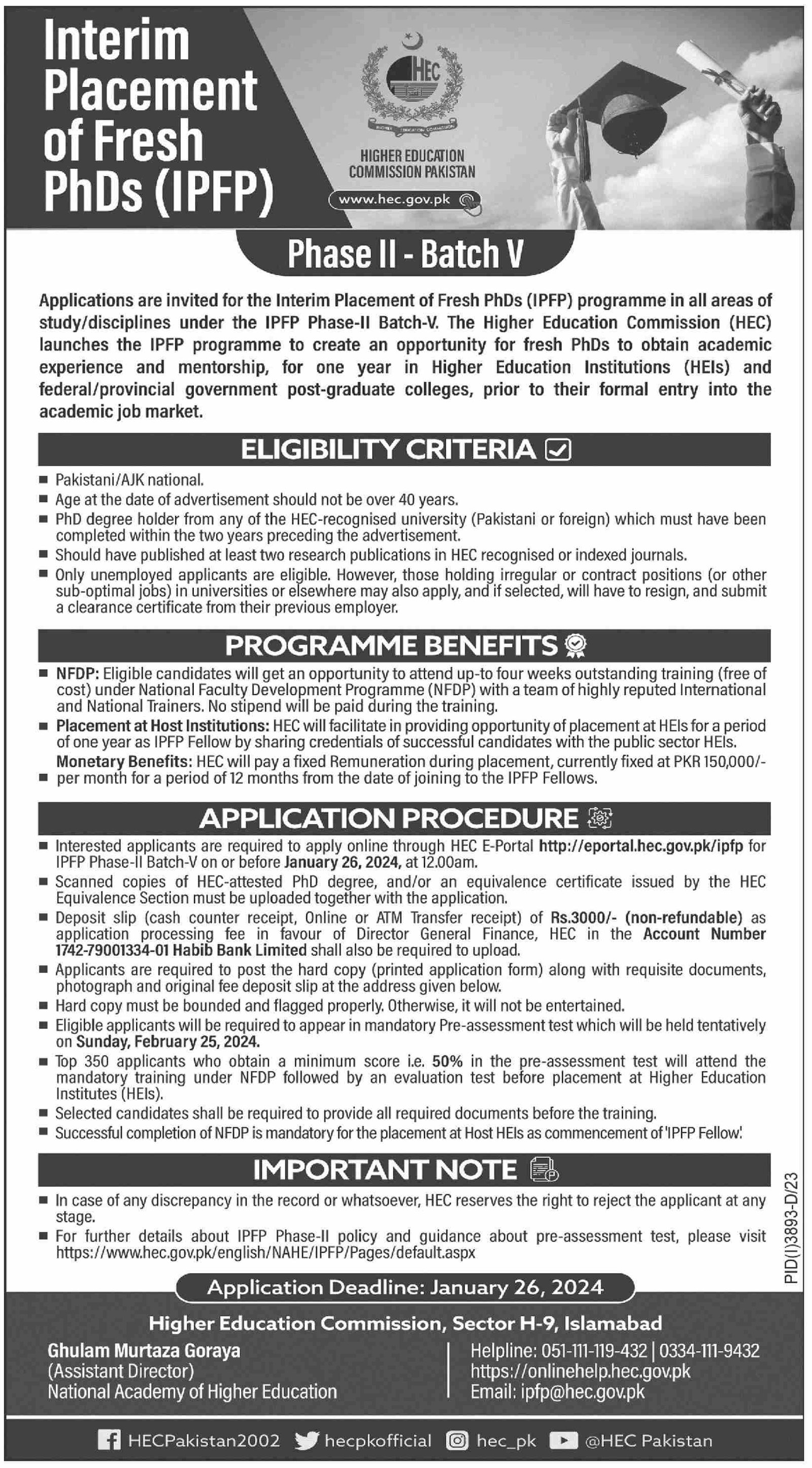 Interim Placement of Fresh PhDs IPFP – Higher Education Commission Islamabad Jobs 2023 — original advertisement