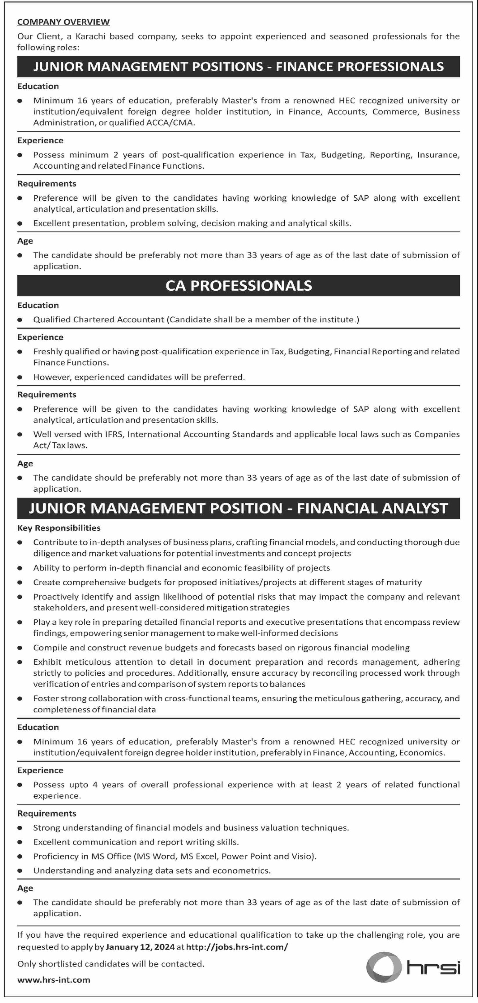 Human Resource Solution International HRSI Karachi Job 2024 – HRSG People and Business karachi Jobs 2023 — original advertisement