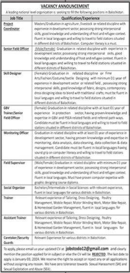 National Level Organization Quetta Balochistan Jobs 2024 – Public Sector Organization Jobs 2023 — original advertisement