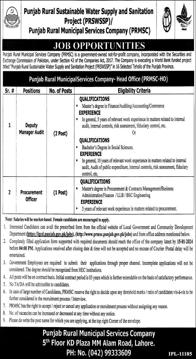 Punjab Rural Municipal Service Company PRMSC Jobs 2024 – Punjab Rural Municipal Services Company PRMSC Jobs 2023 — original advertisement