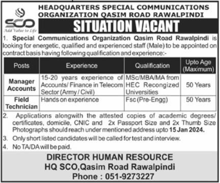 Special Communications Organization SCO Rawalpindi Jobs 2024 – Special Communication Organization Jobs 2023 — original advertisement