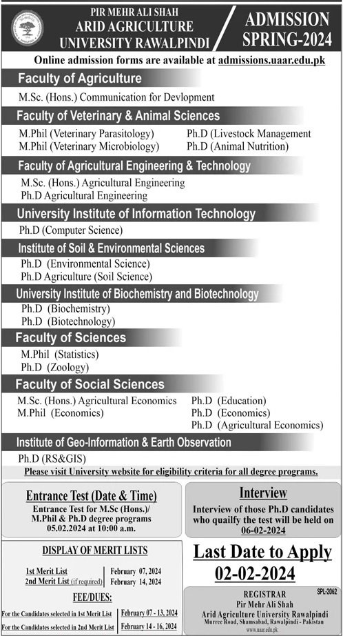 Admissions Open in Pir Mehar Ali Shah Arid Agriculture uni – Pir Mehr Ali Shah Arid Agriculture University Rawalpinid Admissions 2023 — original advertisement