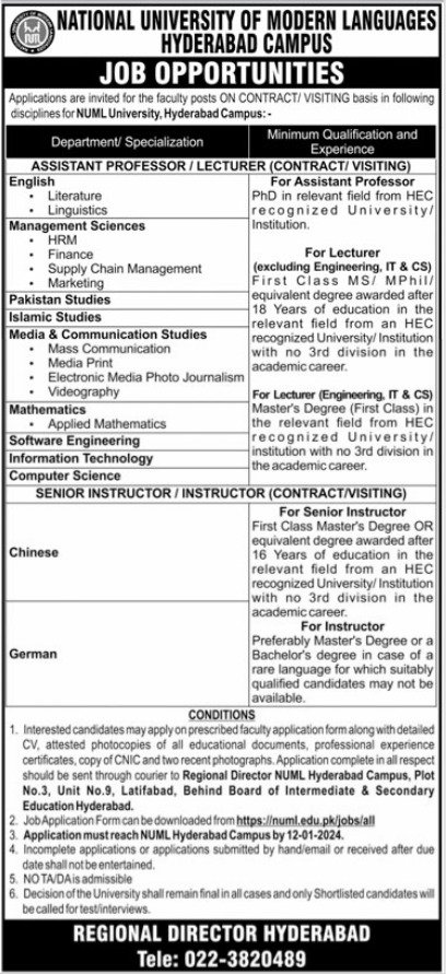 National University of Modern Languages NUML Hyderabad Jobs – National University of Modern Languages Islamabad Jobs 2023 — original advertisement