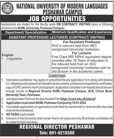 National University of Modern Languages NUML Peshawar Jobs – National University of Modern Languages Islamabad Jobs 2023 — original advertisement
