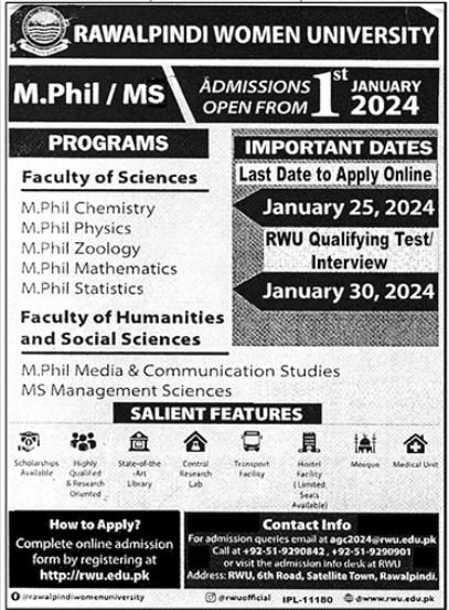 Admissions Open in Rawalpindi Women University – Rawalpindi Medical University Punajb Admissions 2023 — original advertisement