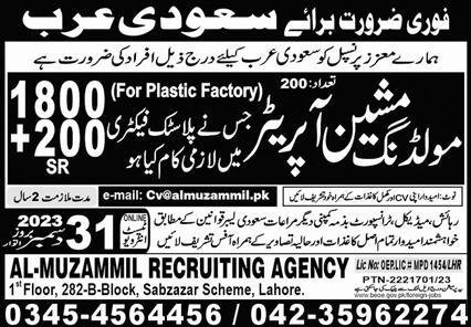 Molding Machine Operator Jobs 2023 In Saudi Arabia – Al Muzamil Recruiting Agency Jobs 2023 — original advertisement
