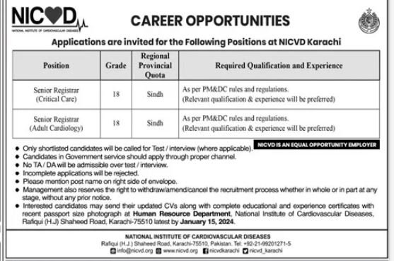 National Institute Of Cardiovascular Diseases Jobs 2024 – National Institute of Cardiovascular Diseases (NICVD) Sindh Karachi Jobs 2023 — original advertisement