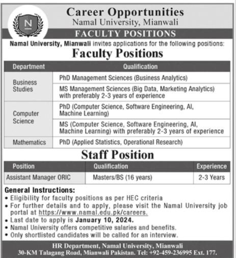 Namal University Mianwali Punjab Jobs 2024 Jobs 2023 — original advertisement
