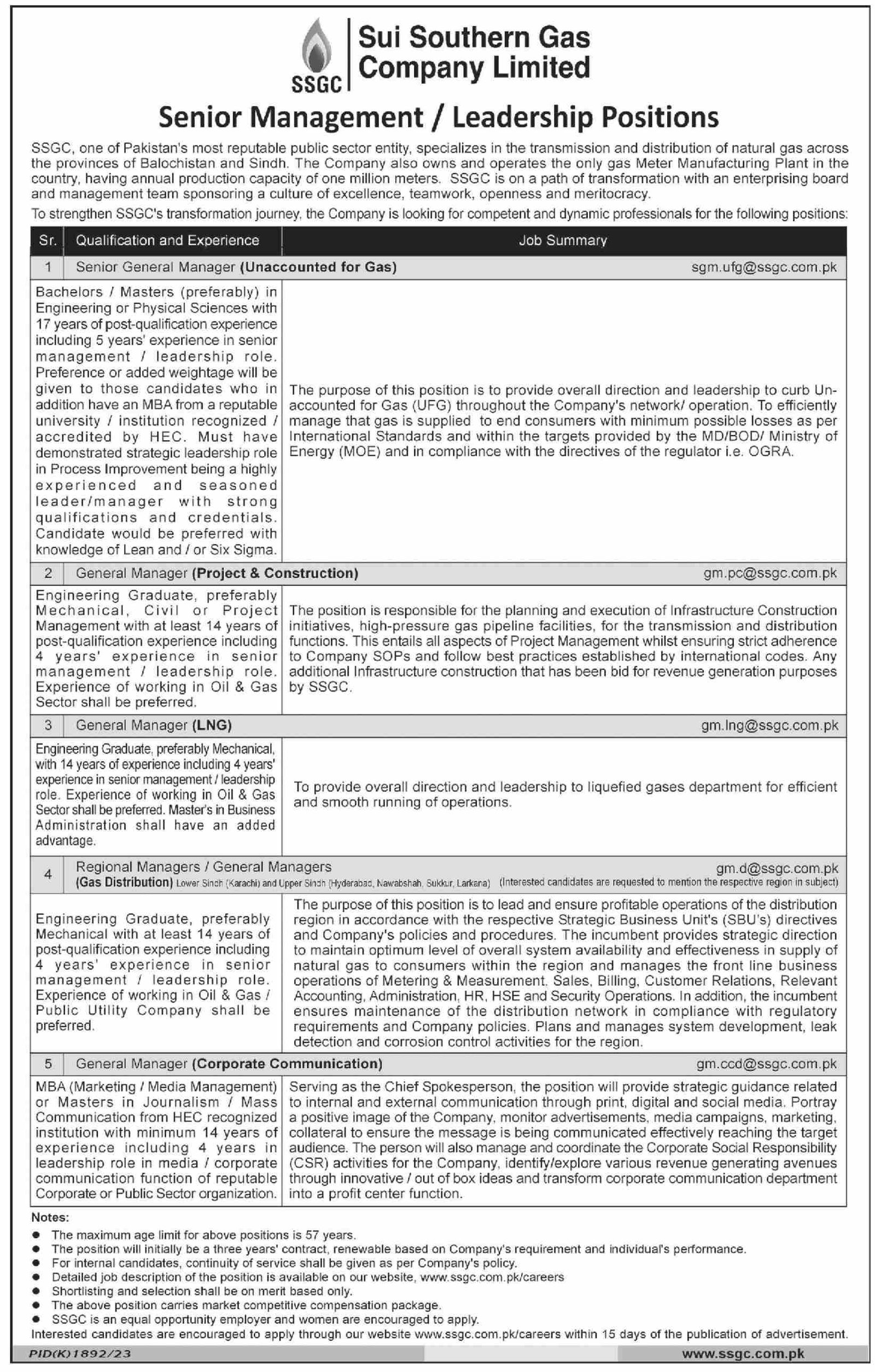 Sui Southern Gas Company Limited Jobs 2023 Jobs 2023 — original advertisement