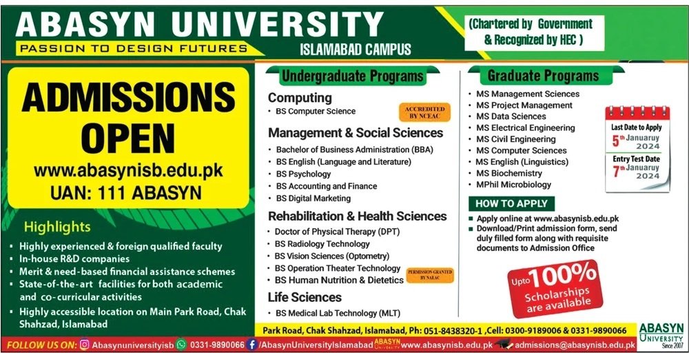 Admissions Open in Abysyn Univeristy Islamabad Campus – Abasyn University Peshawar Admissions 2023 — original advertisement