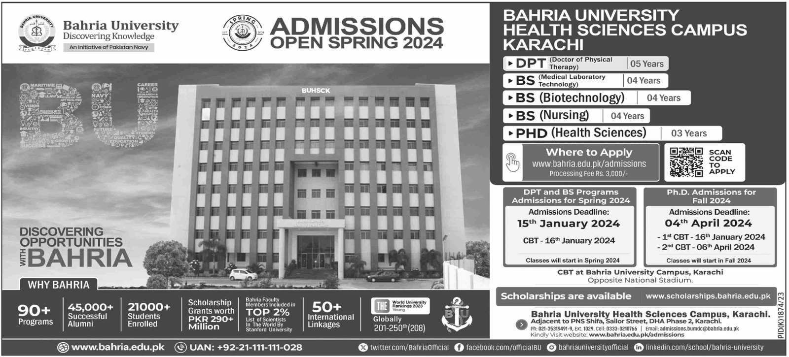 Admissions Open in Bahria Univeristy Health Sciences Karachi – Bahria University Admissions 2023 — original advertisement