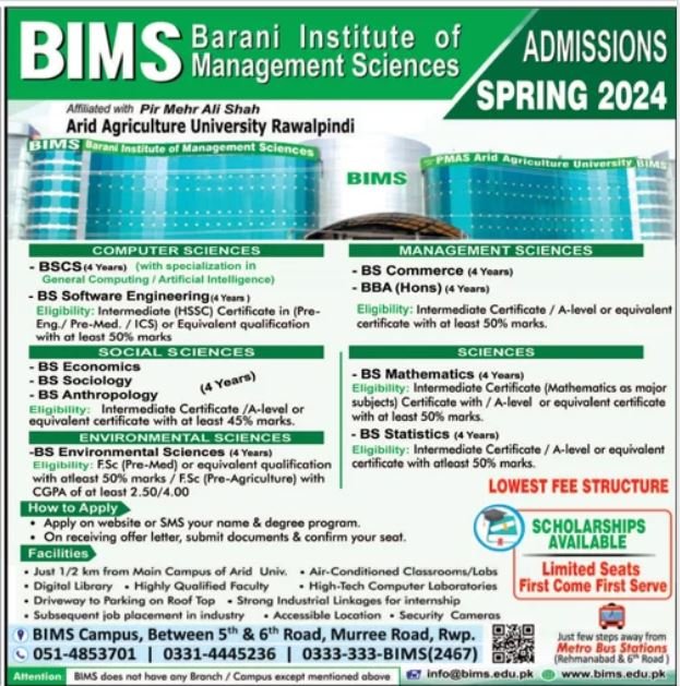 Admissions Open in Barani Institute of Management Science – Barani Institute of Information Technology Admissions 2023 — original advertisement