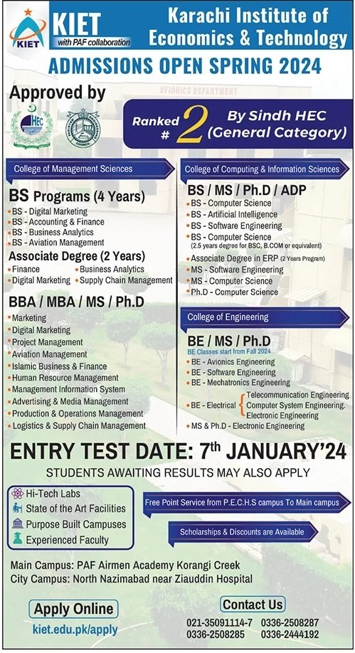 Admissions Open Karachi Institute of Economic & Technology – Karachi Institute of Economics and Technology KIET Admissions 2023 — original advertisement