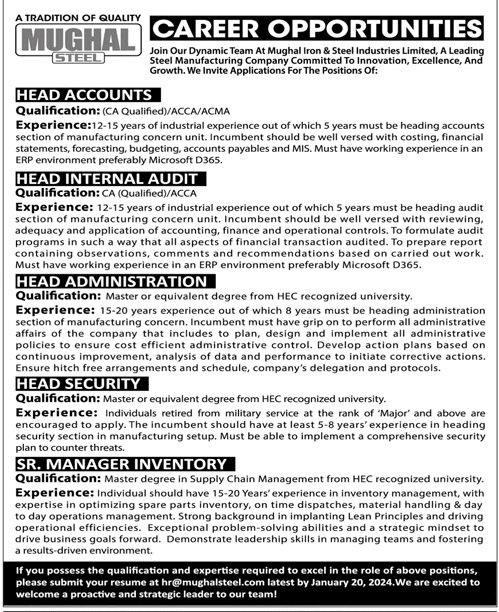 Mughal Iron And Steel Industries Limited Jobs 2024 – Private Company Jobs 2023 — original advertisement