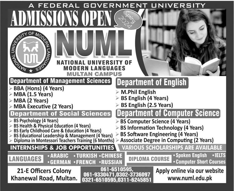 Admissions Open in National Univeristy of Modern Languages – National University of Modern Languages Islamabad Admissions 2023 — original advertisement