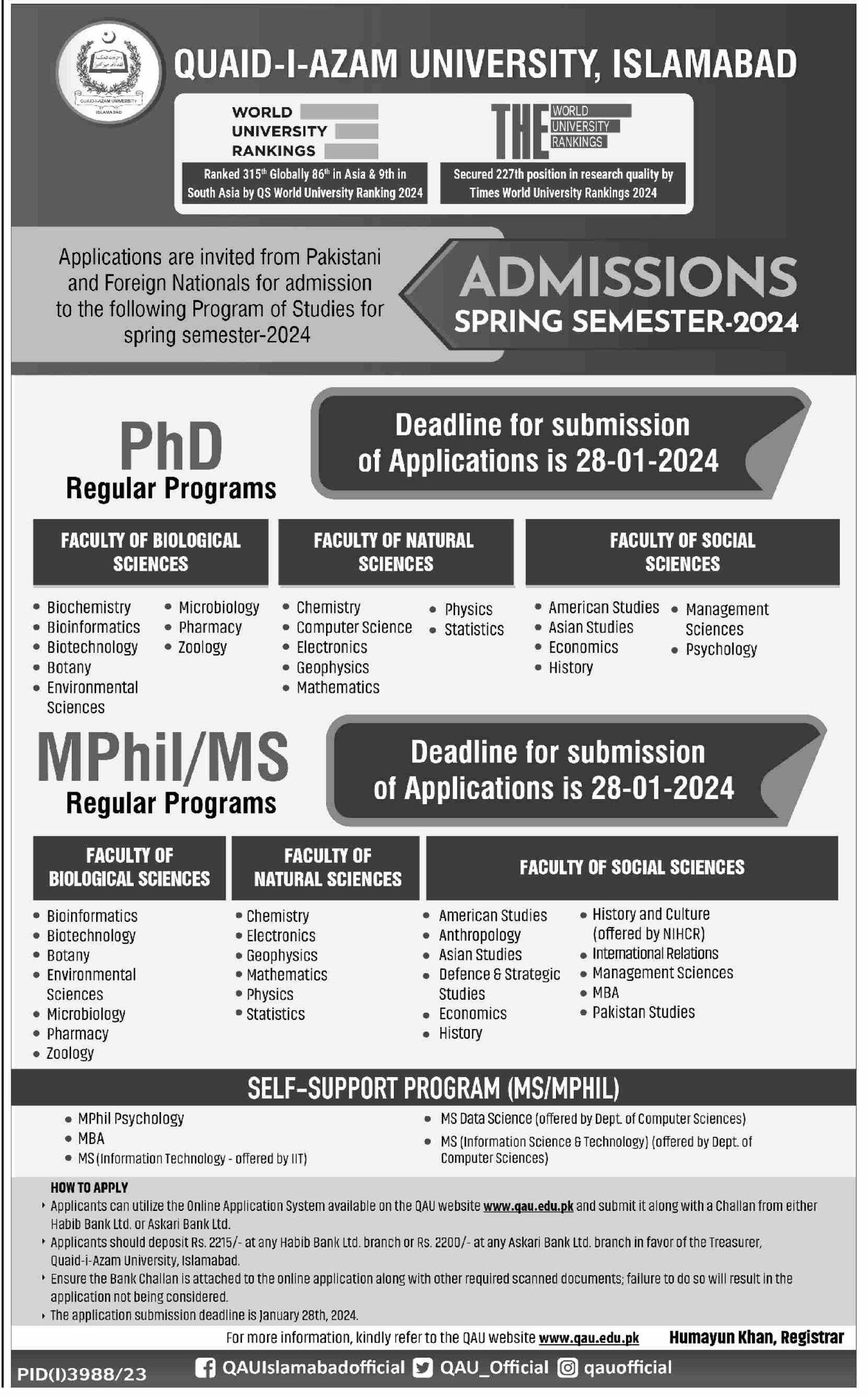 Admissions Open in Quaid -I-Azam University Islamabad – Quaid-i-Azam University, Islamabad , Pakistan Admissions 2023 — original advertisement