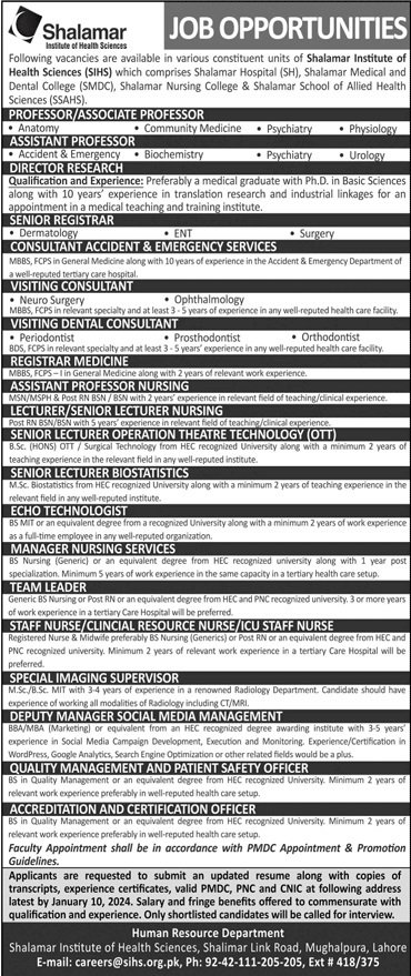 Shalamar Institute of Health Sciences Lahore Jobs 2024 Jobs 2023 — original advertisement