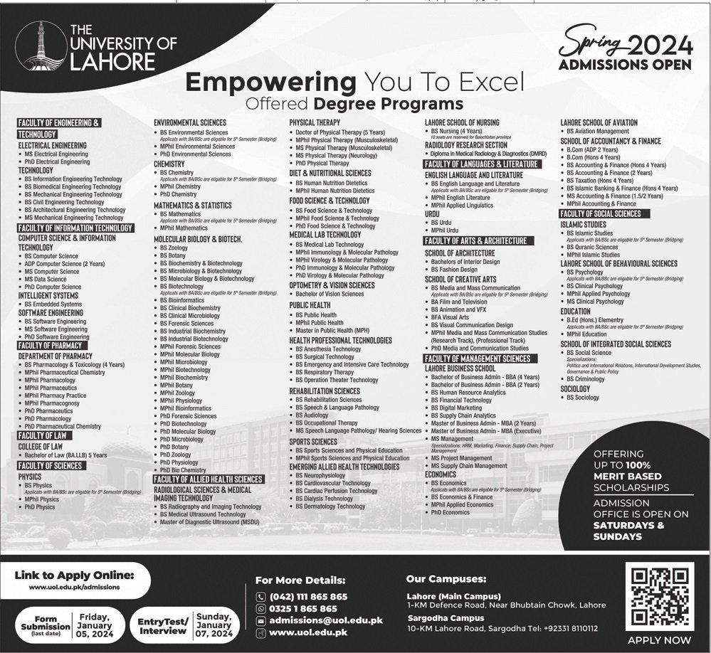 Admissions Open in University of Lahore Punjab 2024 Admissions 2023 — original advertisement
