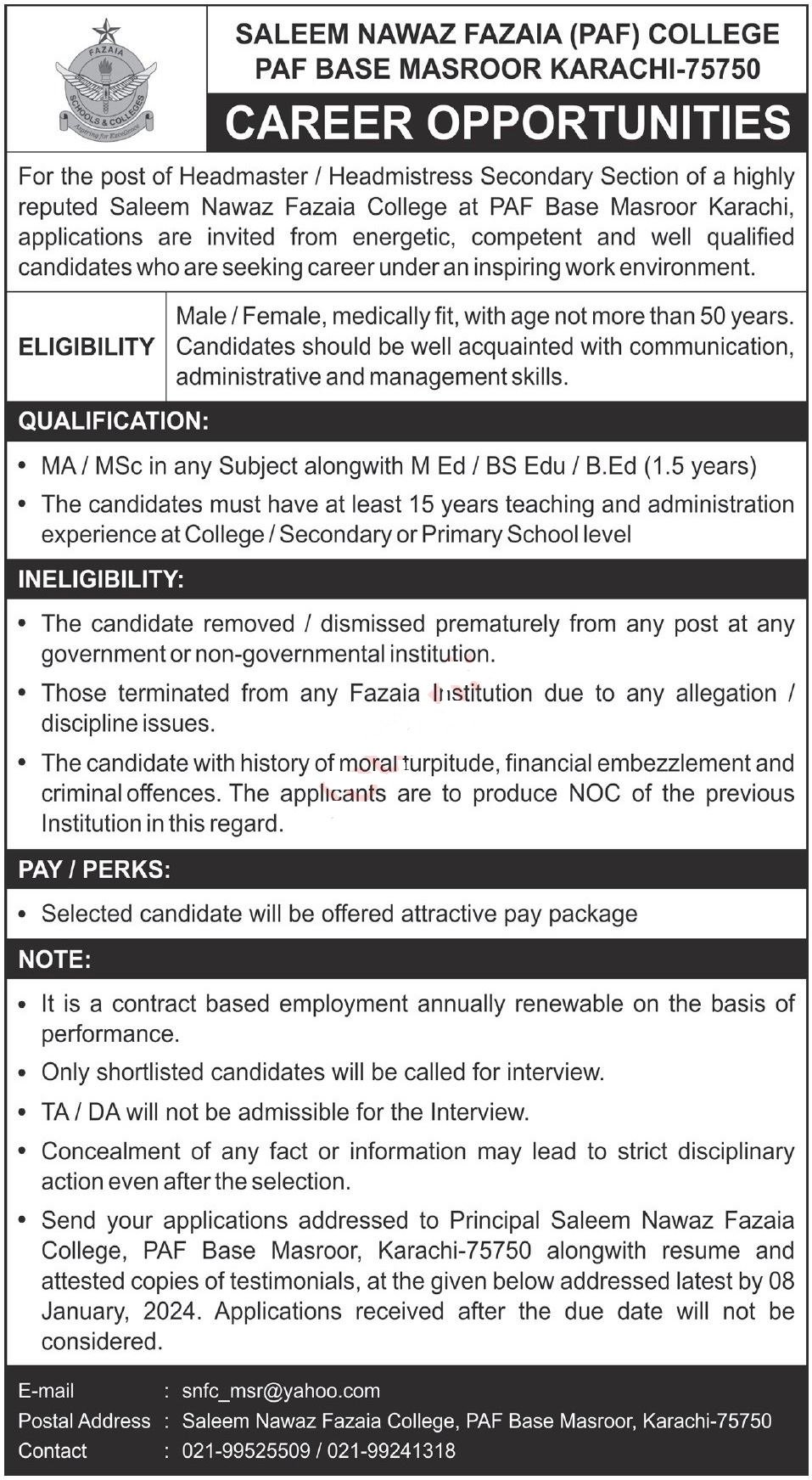 Saleem Nawaz Fazaia PAF College Karachi Jobs 2024 – Fazaia Schools & Colleges Jobs 2023 — original advertisement