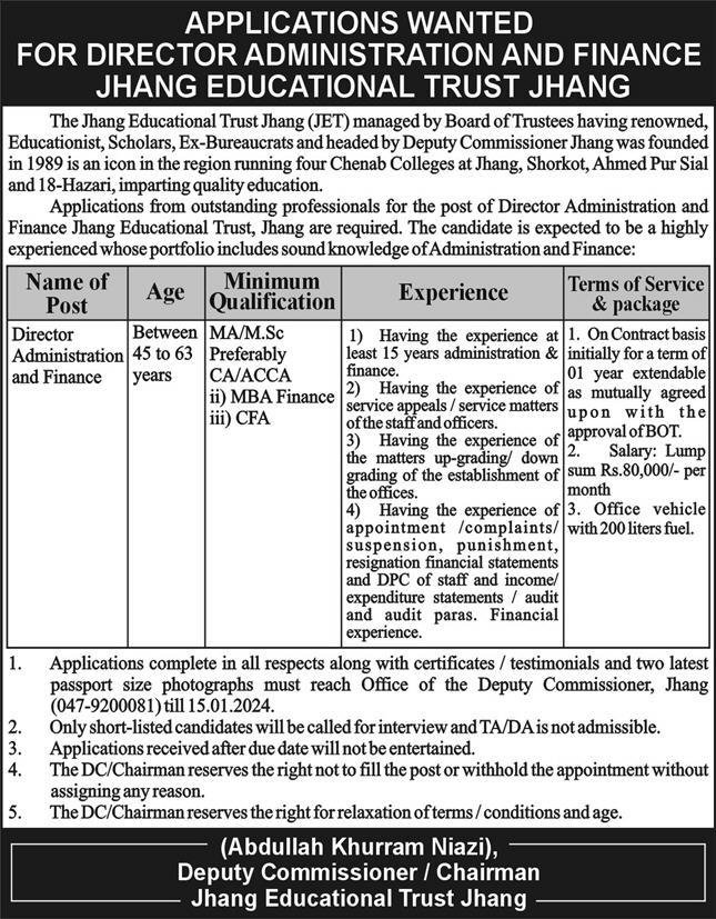 Jhang Educational Trust Jhang Jobs 2024 Jobs 2023 — original advertisement