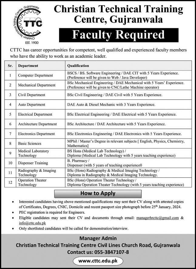Christian Technical Training Centre CTTC Gujranwala Job 2024 Jobs 2023 — original advertisement