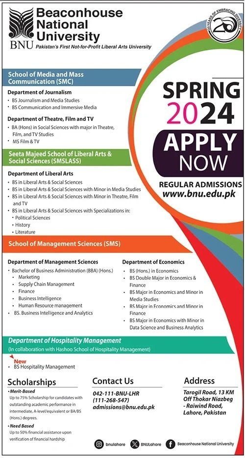 Admissions Open in Beaconhouse National University Admissions 2024 — original advertisement