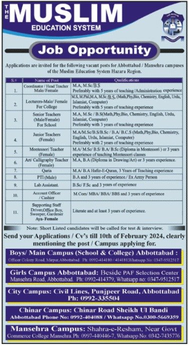 Muslim Education System Abbottabad Jobs 2024 – The Muslim High School Jobs 2024 — original advertisement
