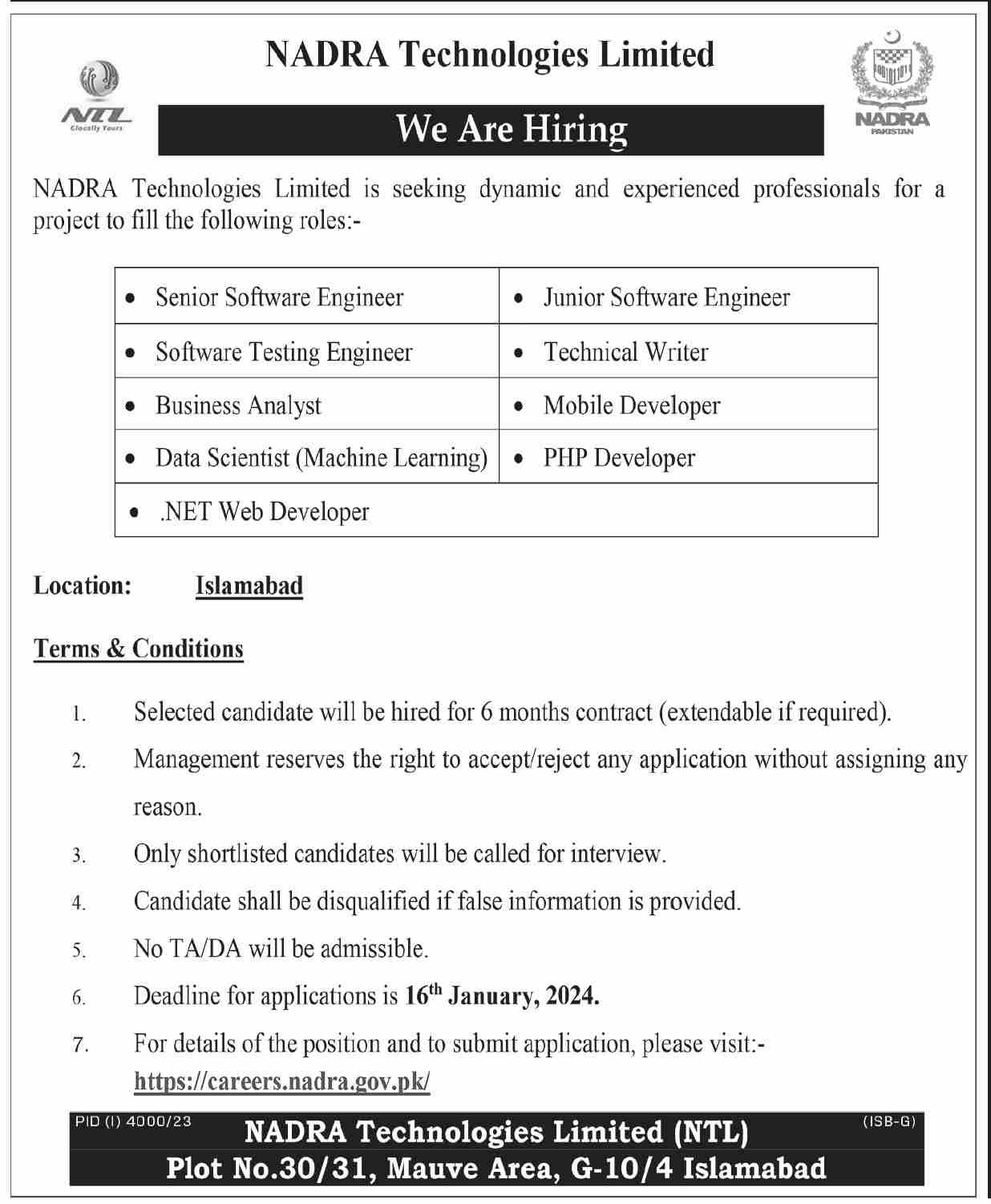 Nadra Technologies Limited Islamabad Jobs 2024 Jobs 2024 — original advertisement