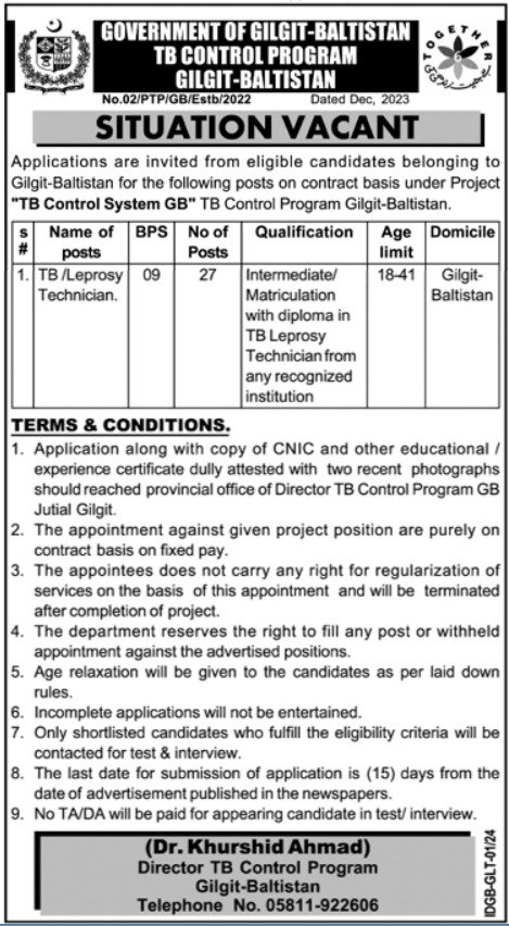 Gilgit Baltistan TB Control Program Jobs 2024 – Government of Gilgit-Baltistan Jobs 2024 — original advertisement