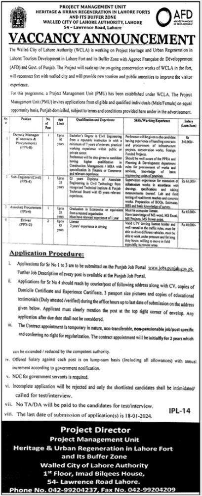 Walled City Of Lahore Authority WLCA Jobs 2024 Jobs 2024 — original advertisement