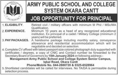 Army Public School & College APS&C Okara Cantt Jobs 2024 – Army Public School & College Paksitan Jobs 2024 — original advertisement