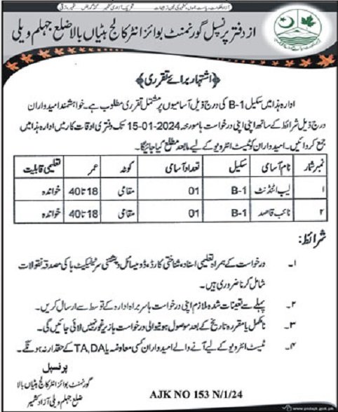Govt Boys Inter College Jhelum Valley Jobs 2024 – Govt of Azad Kashmir Jobs 2024 — original advertisement