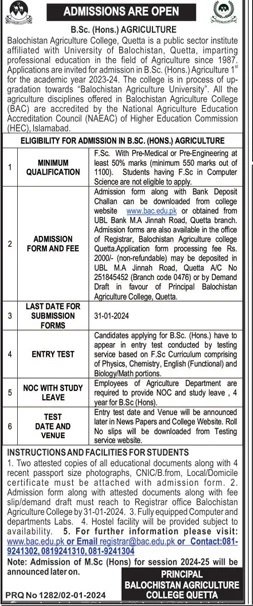 Admissions Open in Agriculture College Quetta 2024 – Balochistan Agriculture College, Quetta Admissions 2024 — original advertisement