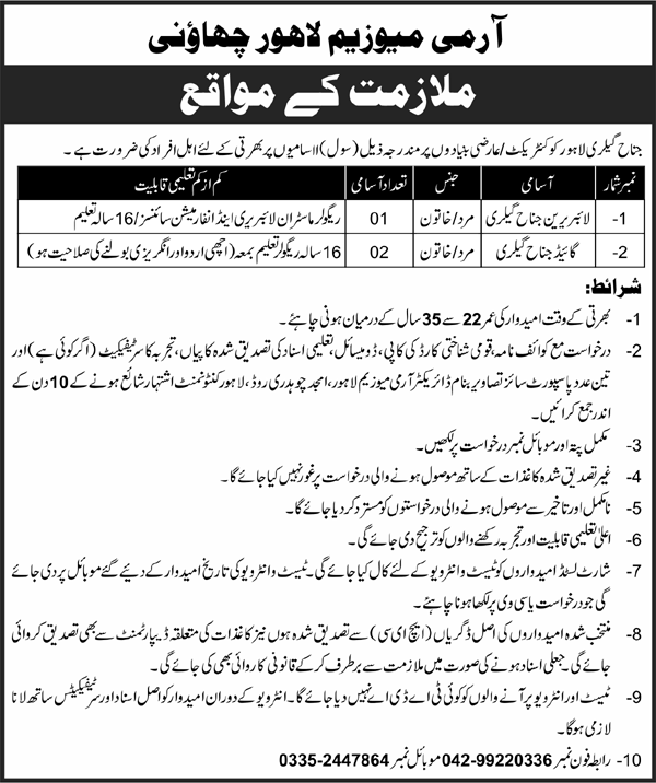 Pakistan Army Museum Lahore Jobs 2024 Jobs 2024 — original advertisement