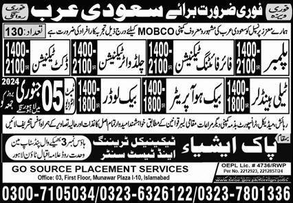 Plumber And Back Holder Jobs In Saudi Arabia 2024 – Pak Asia Technical Training Centre Jobs 2024 — original advertisement
