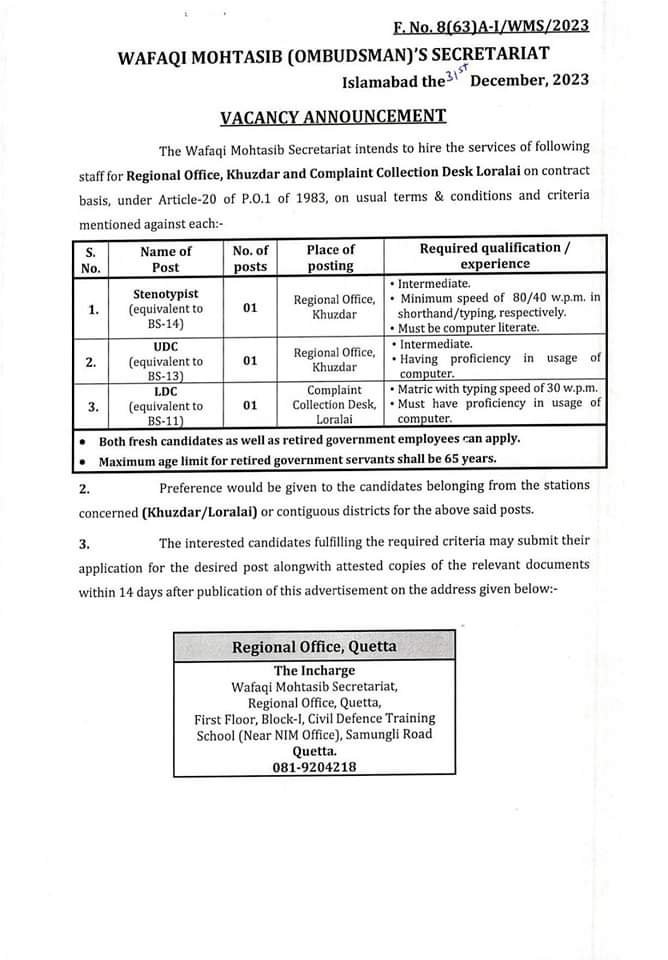 Wafaqi Mohtasib Ombudsman Secretariat Balochistan Jobs 2024 – Provincial Ombudsman Mohtasib Secretariat Balochistan Jobs 2024 — original advertisement